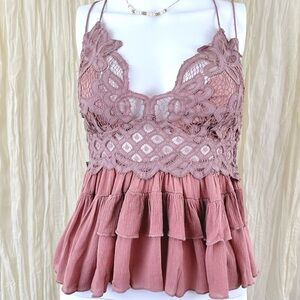 New Free People Adella Lace Babydoll Cami Dusty Mauve Medium